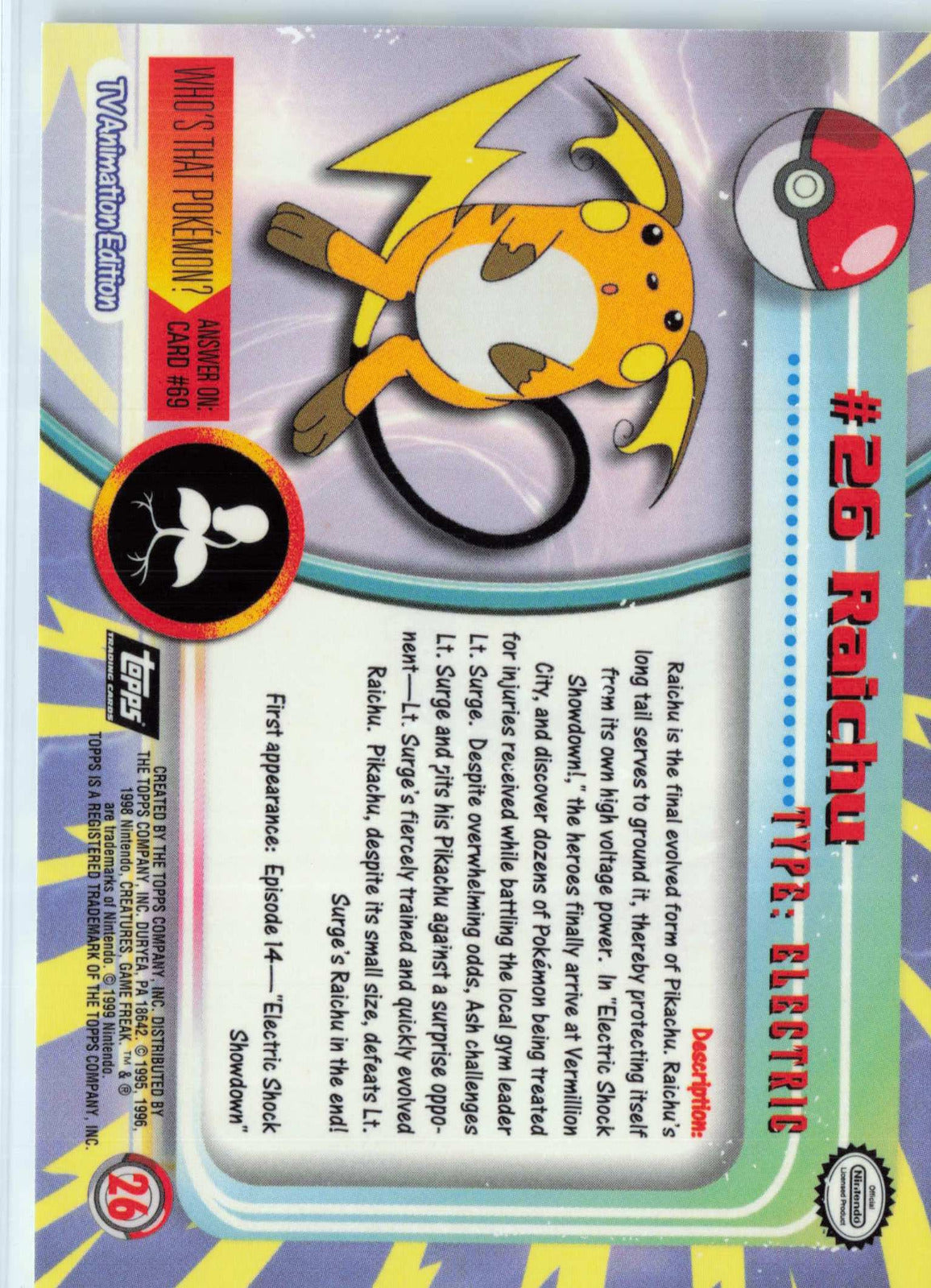 Raichu 26 - Black Topps Logo HP Pokemon Topps TV Animation Edition Series 1 (Back)