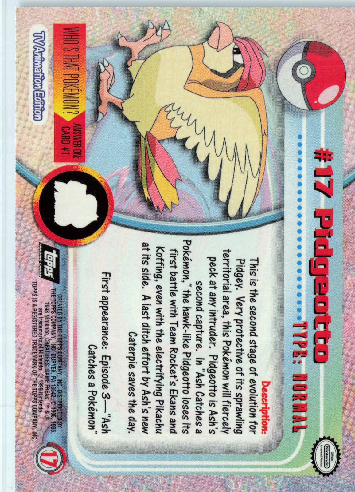 Pidgeotto #17 Foil Pokemon Topps TV Animation Edition Series 1 (Back)