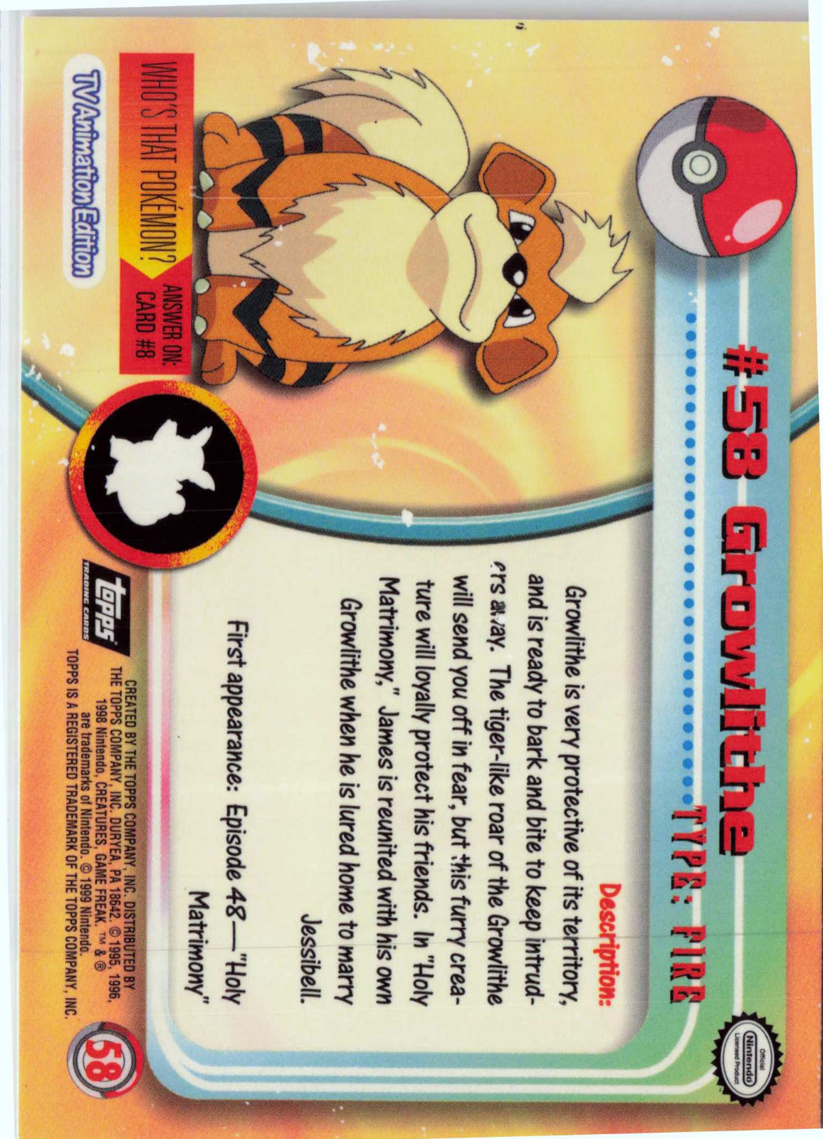 Growlithe 58 - Black Topps Logo HP Pokemon Topps TV Animation Edition Series 1 (Back)