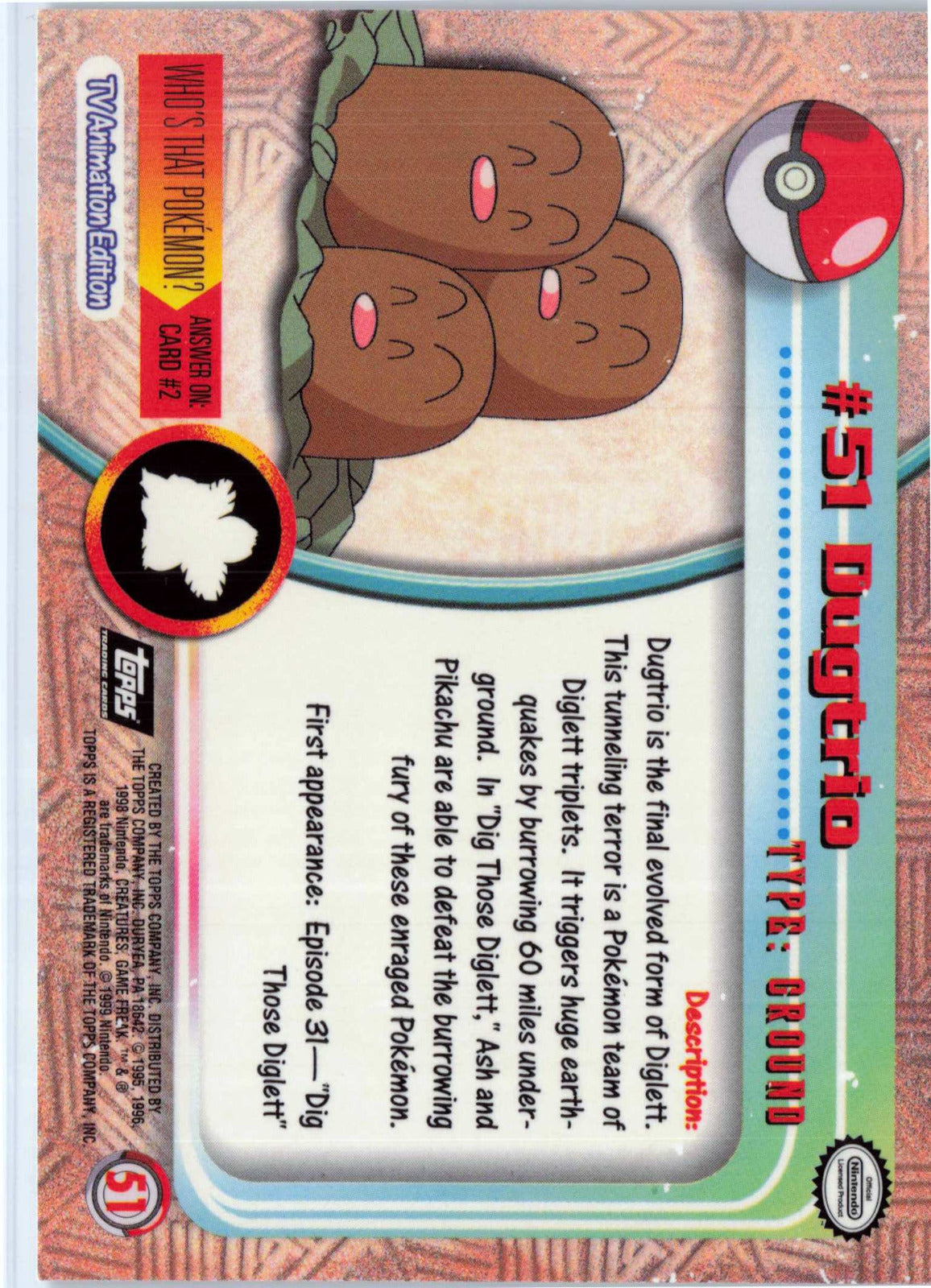 Dugtrio #51 - Black Topps Logo Pokemon Topps TV Animation Edition Series 1 (Back)