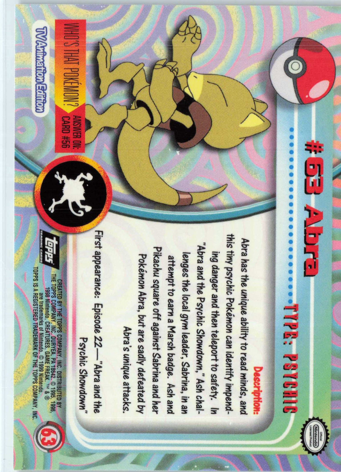 Abra 63 - Black Topps Logo HP Pokemon Topps TV Animation Edition Series 1 (Back)