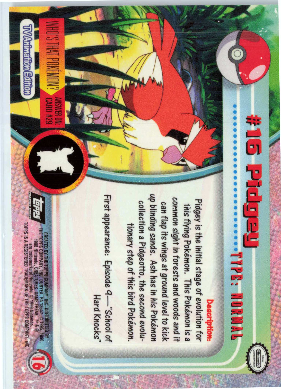 Pidgey 16 - Black Topps Logo HP Pokemon Topps TV Animation Edition Series 1 (Back)