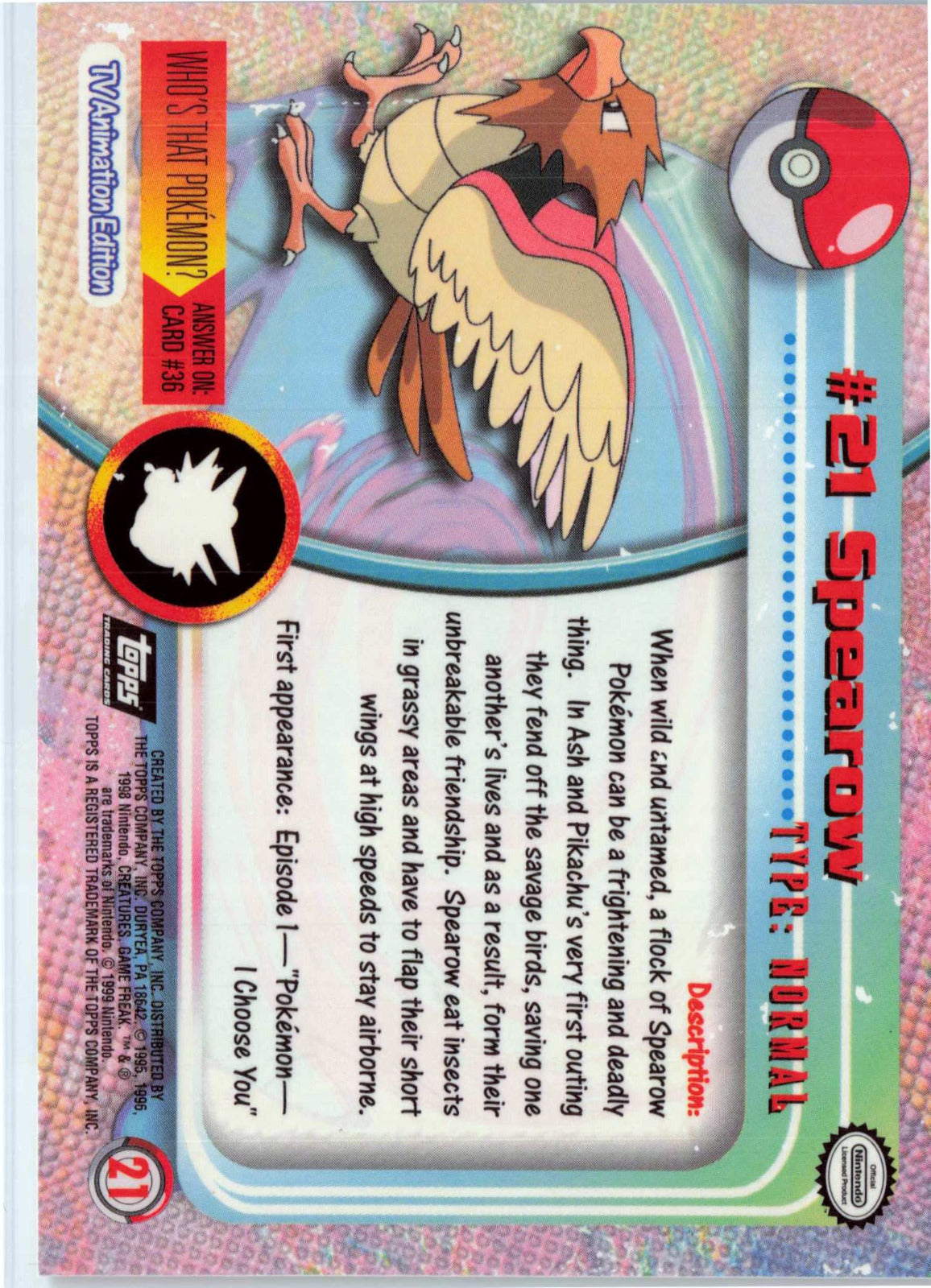 Spearow #21 - Black Topps Logo Pokemon Topps TV Animation Edition Series 1 (Back)