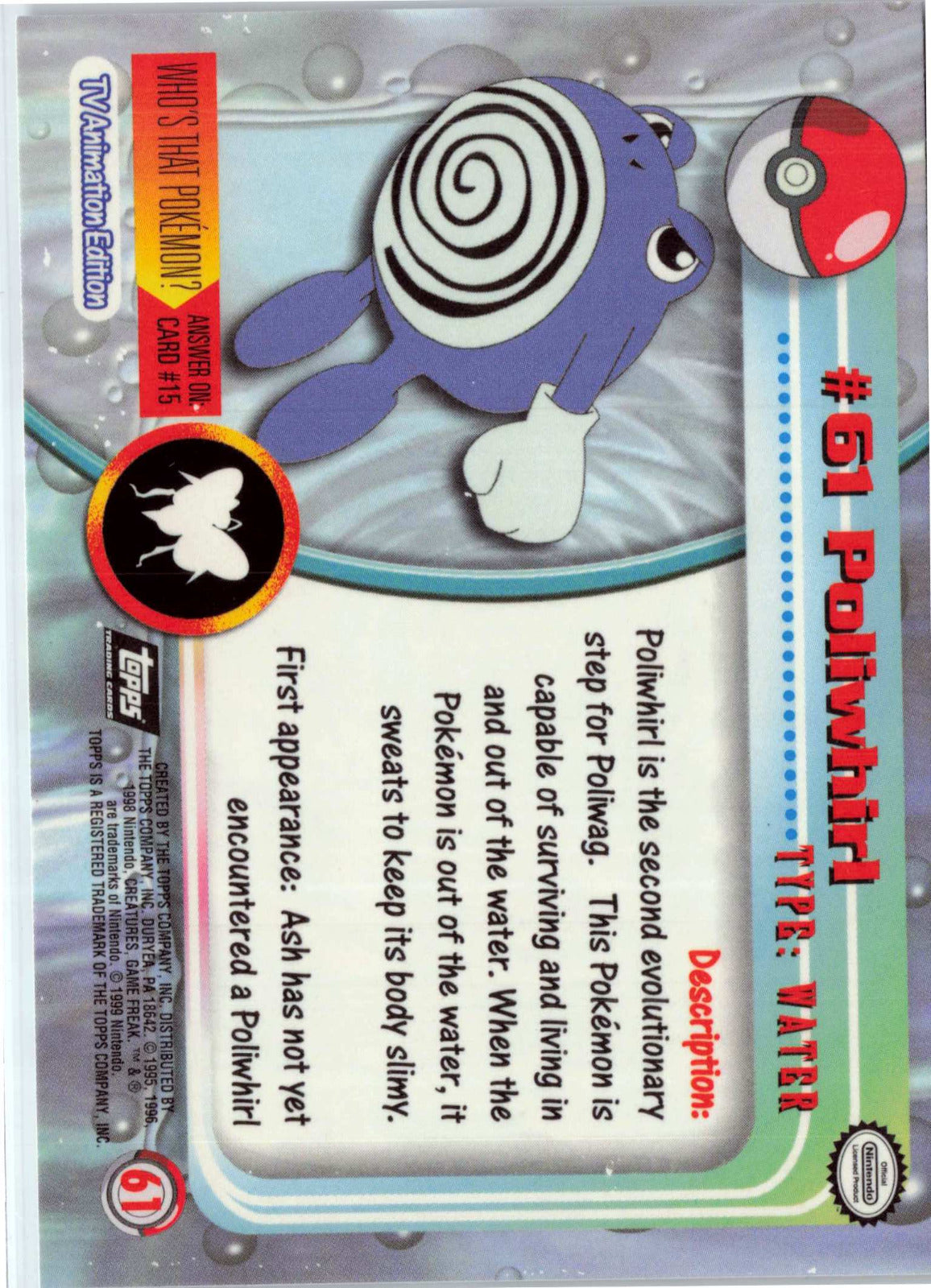 Poliwhirl 61 - Black Topps Logo HP Pokemon Topps TV Animation Edition Series 1 (Back)