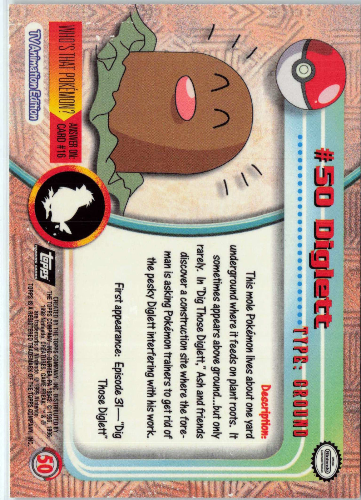 Diglett #50 - Black Topps Logo Pokemon Topps TV Animation Edition Series 1 (Back)