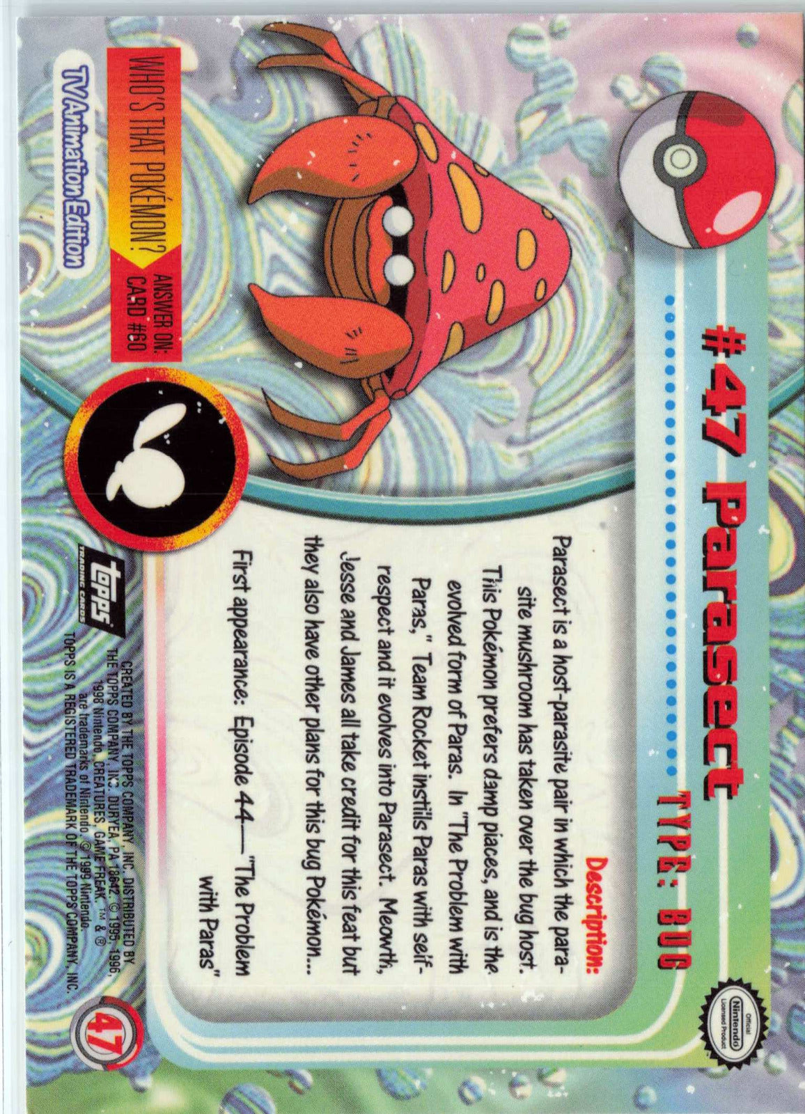 Parasect 47 - Black Topps Logo HP Pokemon Topps TV Animation Edition Series 1 (Back)