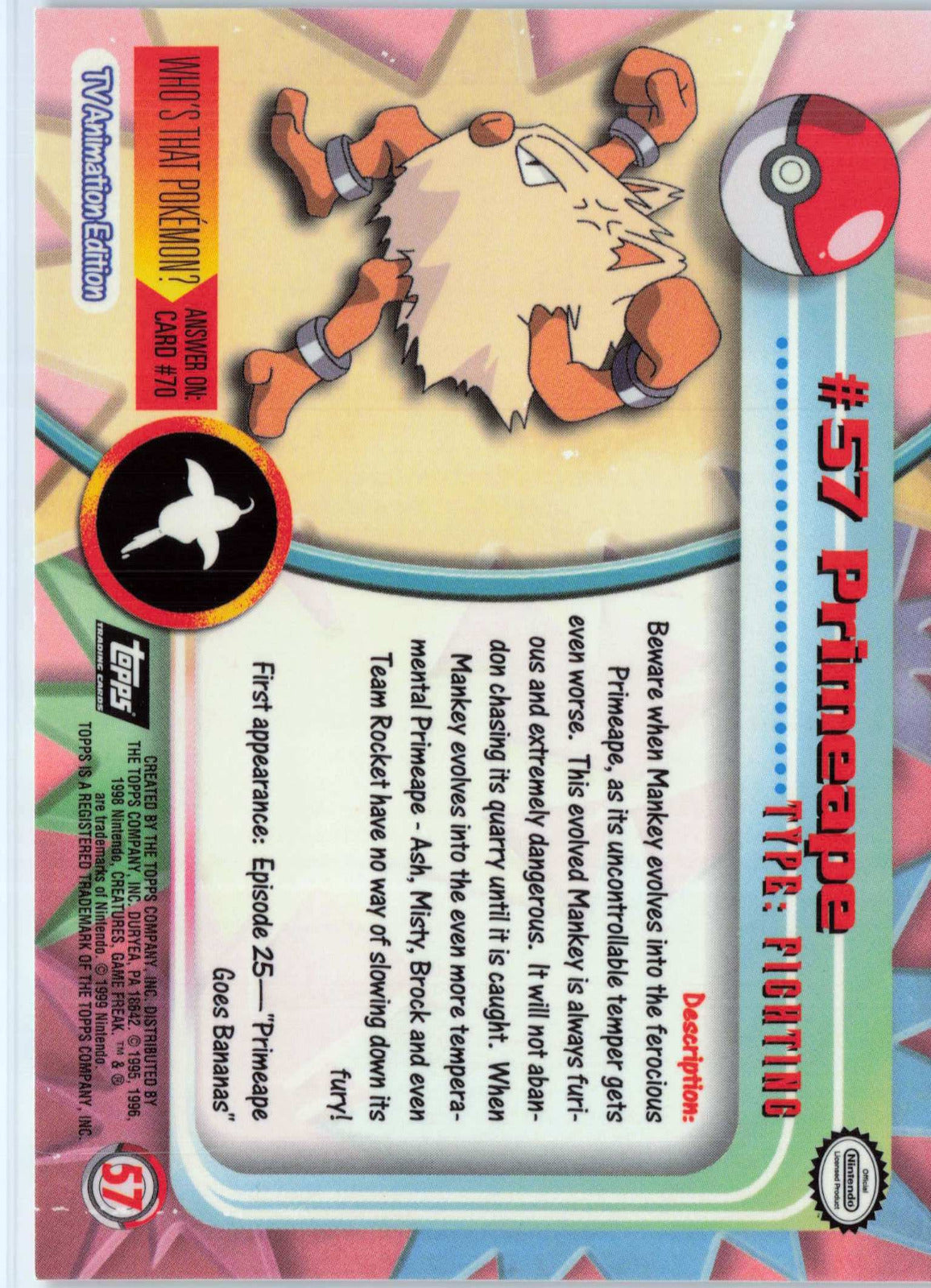 Primeape 57 - Black Topps Logo HP Pokemon Topps TV Animation Edition Series 1 (Back)