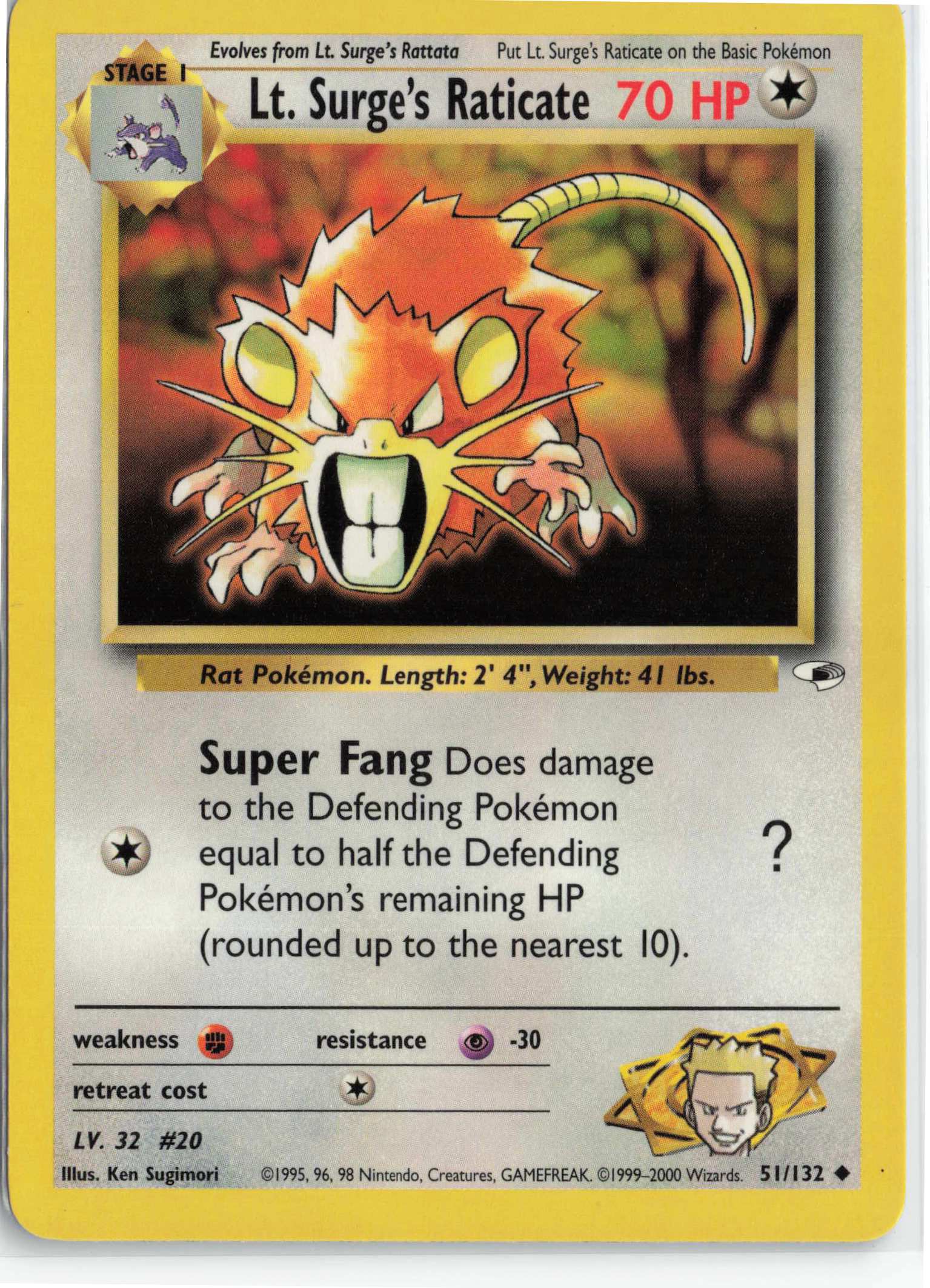 Lt. Surge's Raticate 051/132, HP Condition, Pokemon Gym Heroes