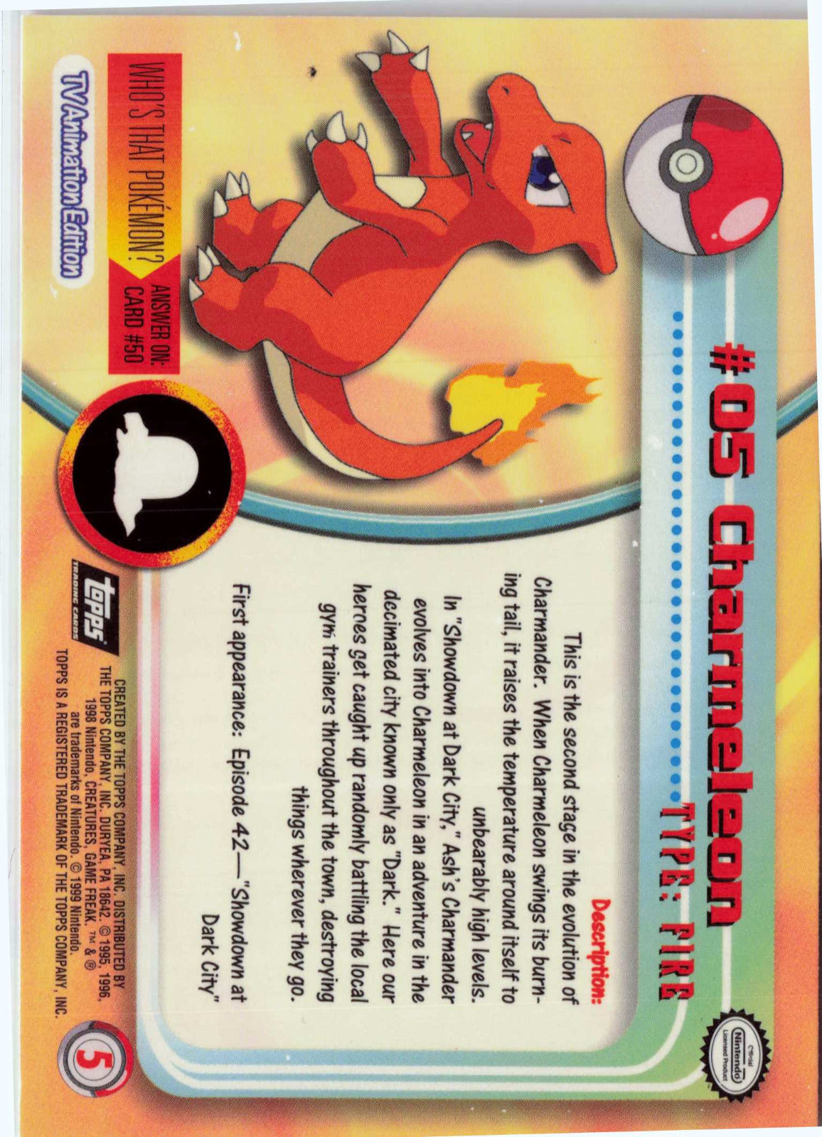 Charmeleon 5 - Black Topps Logo HP Pokemon Topps TV Animation Edition Series 1 (Back)