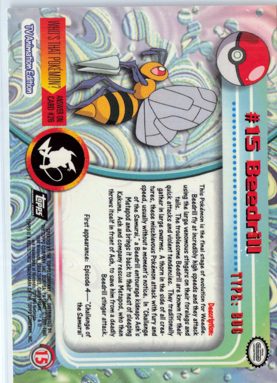 Beedrill 15 - Black Topps Logo HP Pokemon Topps TV Animation Edition Series 1 (Back)
