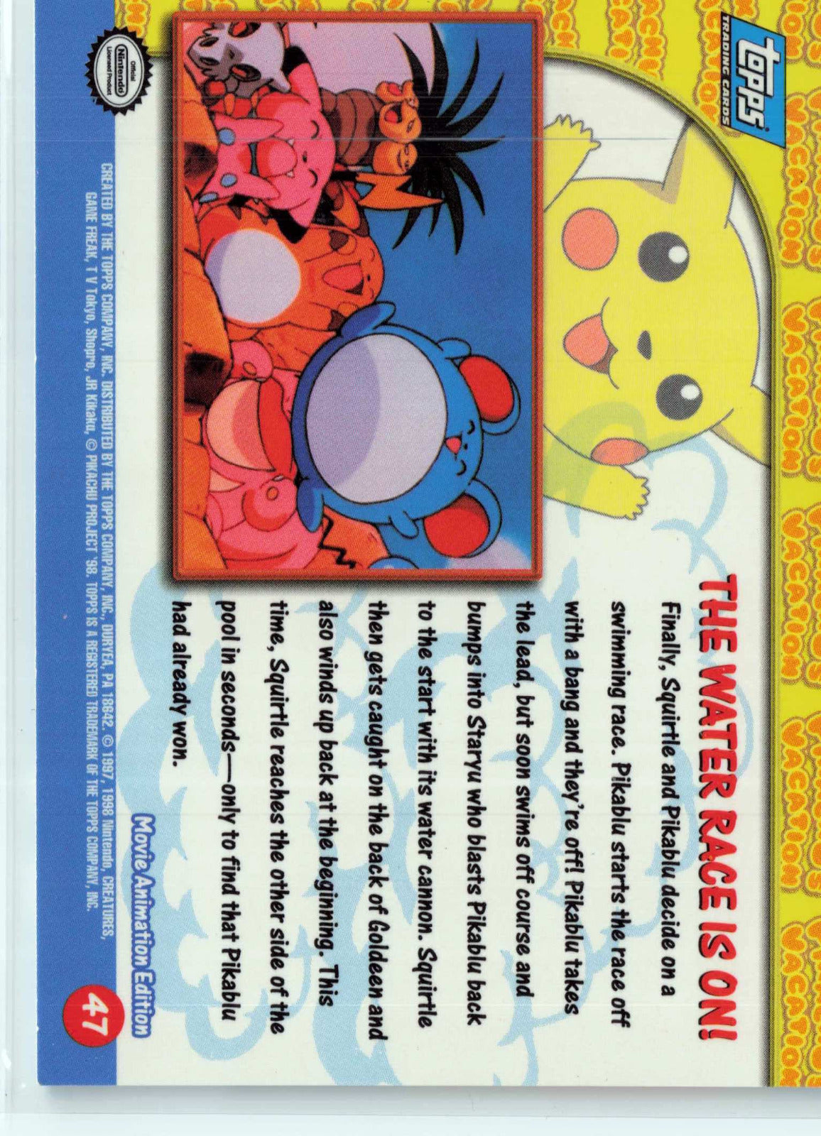 The Water Race Is On! #47 Blue Topps Logo HP Pokemon Topps Pikachu's Vacation (Back)