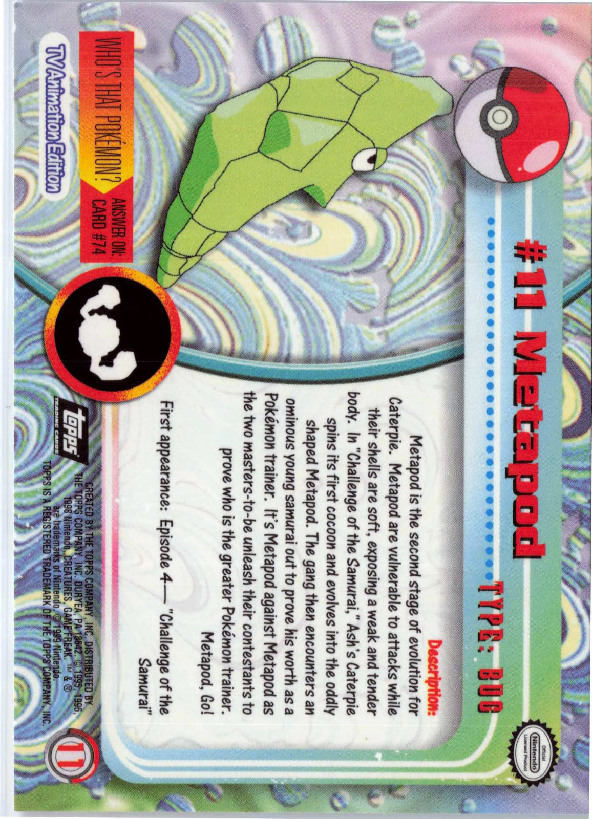 Metapod 11 - Black Topps Logo HP Pokemon Topps TV Animation Edition Series 1 (Back)