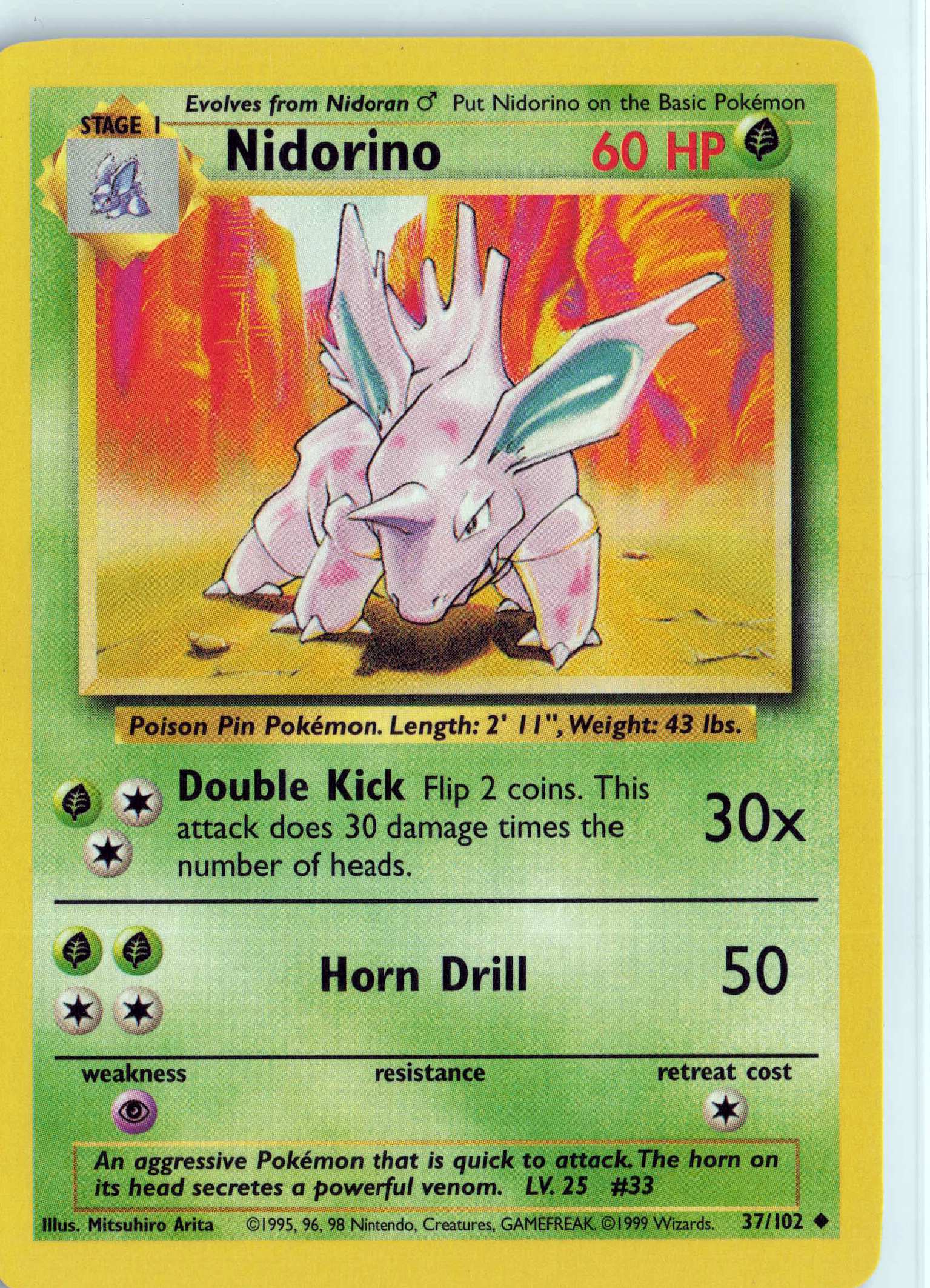 Nidorino 037/102, HP Condition, Pokemon Base Set