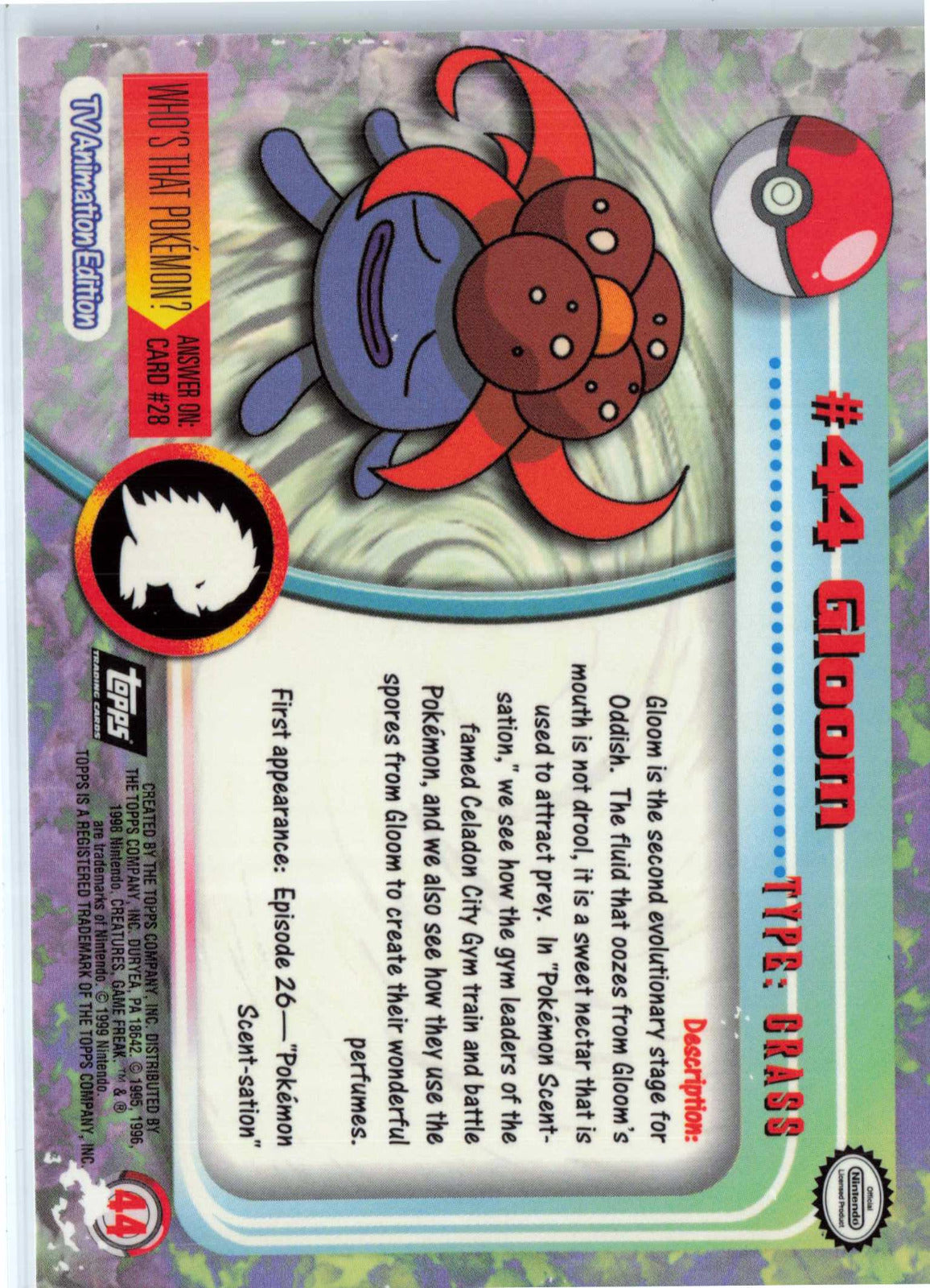 Gloom 44 - Black Topps Logo HP Pokemon Topps TV Animation Edition Series 1 (Back)