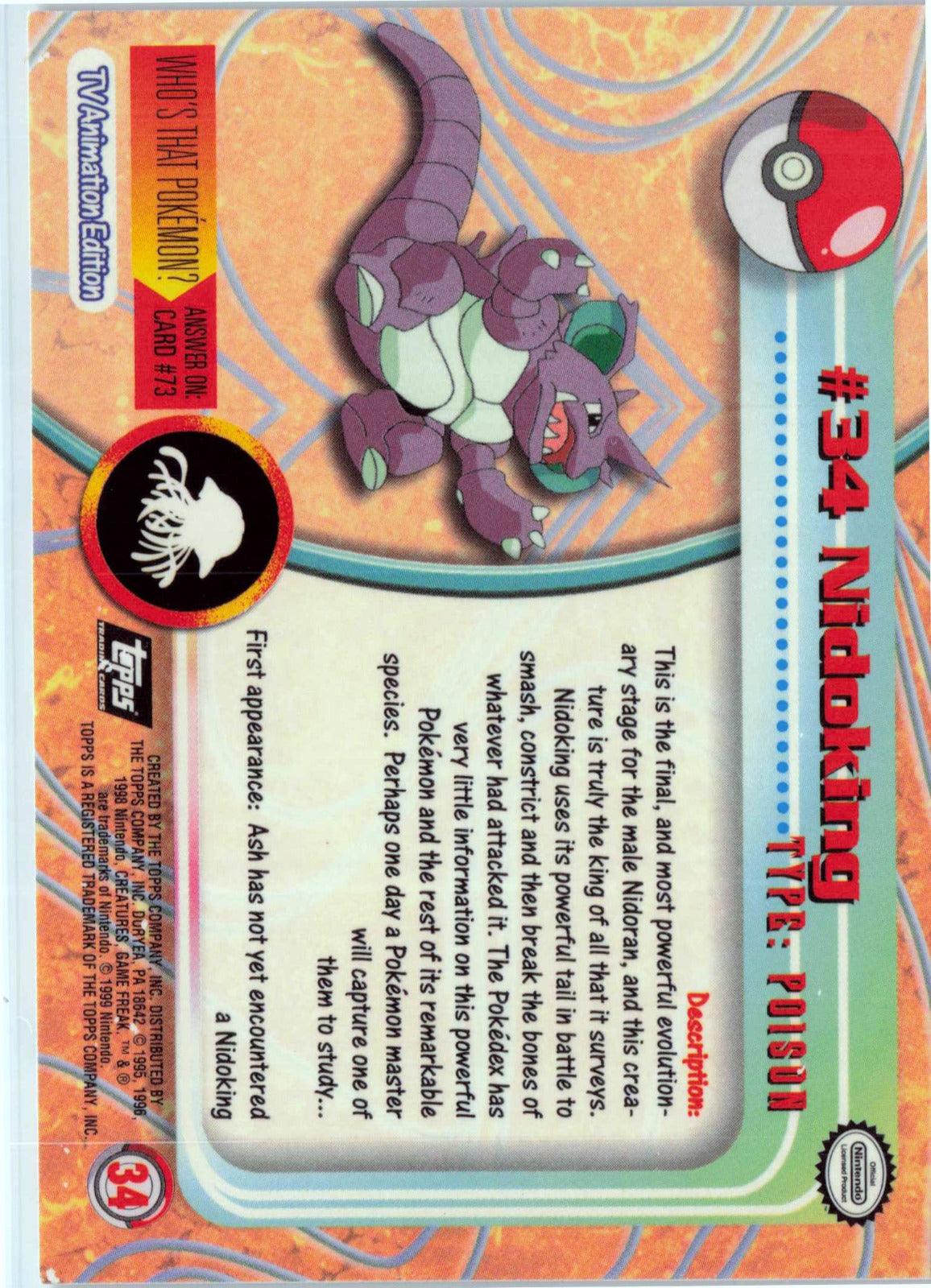 Nidoking 34 - Black Topps Logo HP Pokemon Topps TV Animation Edition Series 1 (Back)