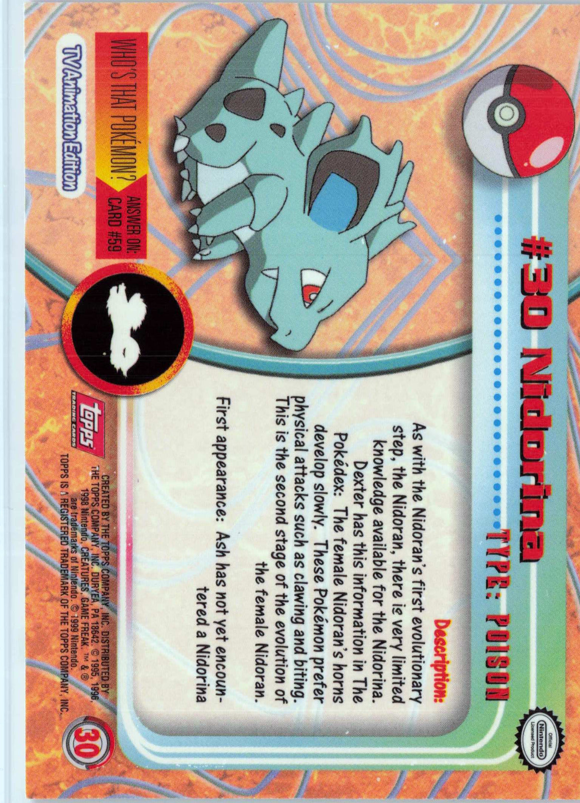 Nidorina 30 - Red Topps Logo HP Pokemon Topps TV Animation Edition Series 1 (Back)