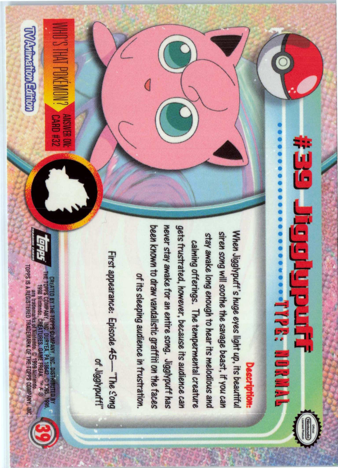 Jigglypuff 39 - Black Topps Logo HP Pokemon Topps TV Animation Edition Series 1 (Back)