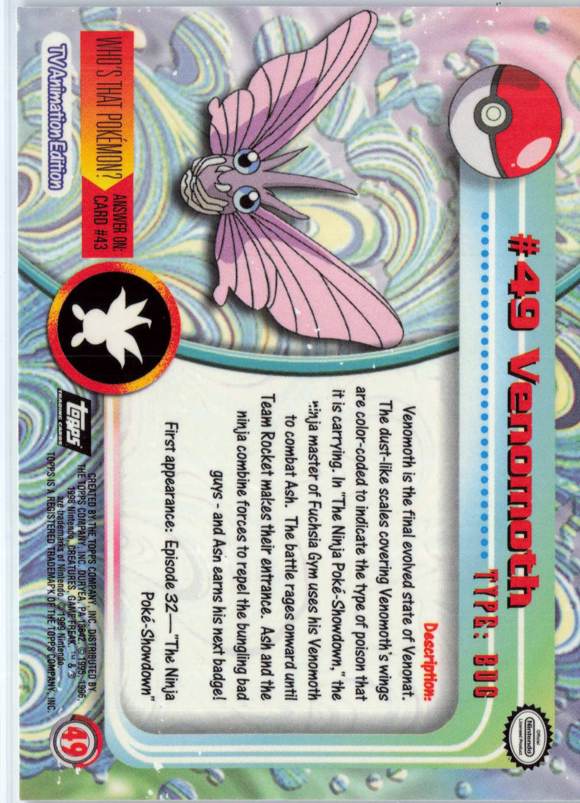 Venomoth 49 - Black Topps Logo HP Pokemon Topps TV Animation Edition Series 1 (Back)