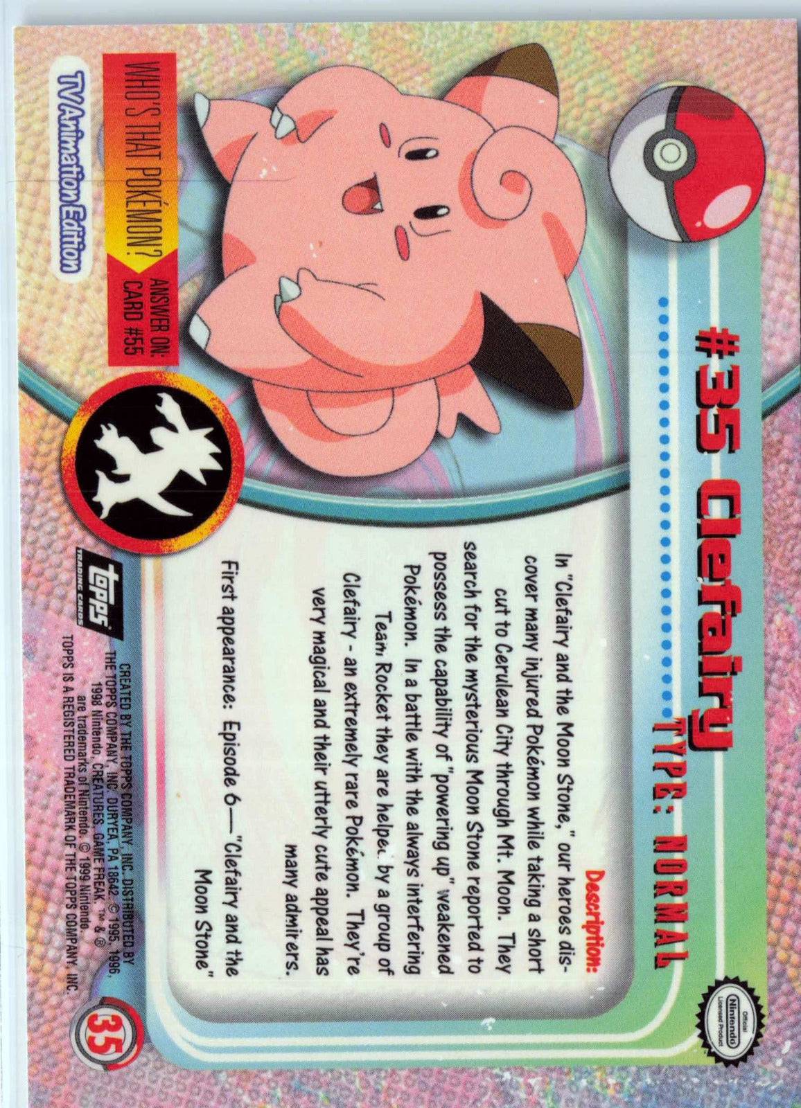 Clefairy 35 - Black Topps Logo HP Pokemon Topps TV Animation Edition Series 1 (Back)
