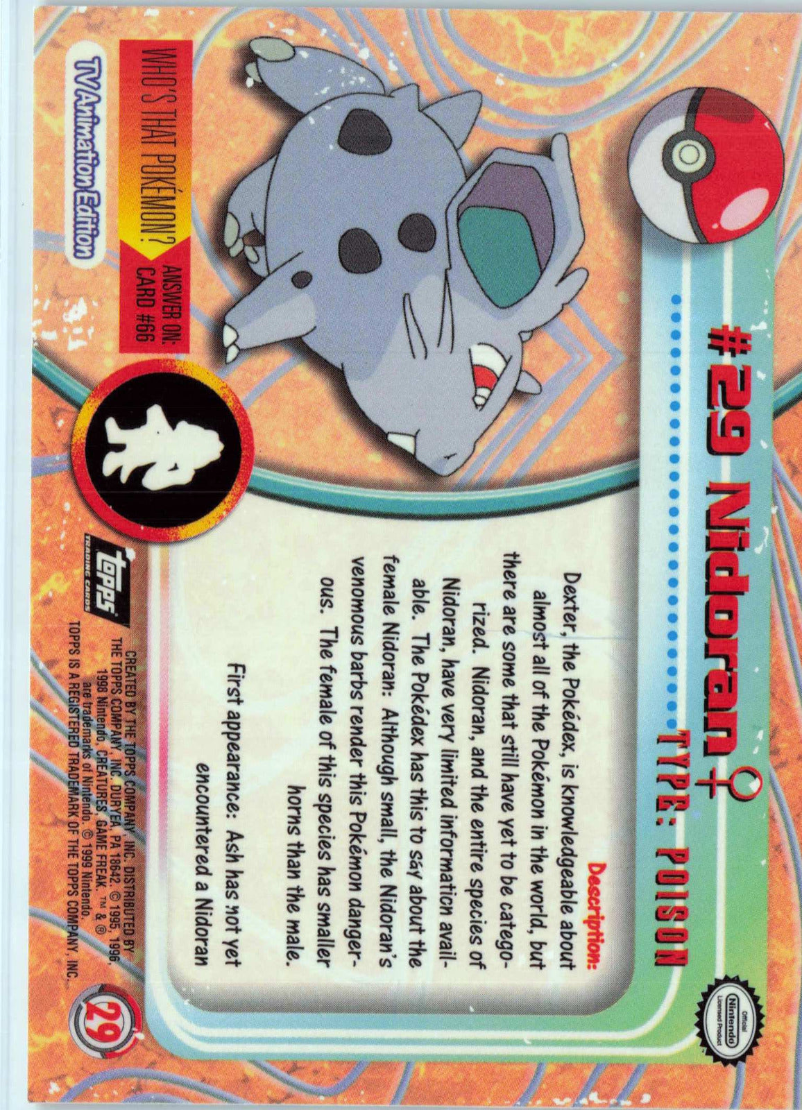 Nidoran? 29 - Black Topps Logo HP Pokemon Topps TV Animation Edition Series 1 (Back)