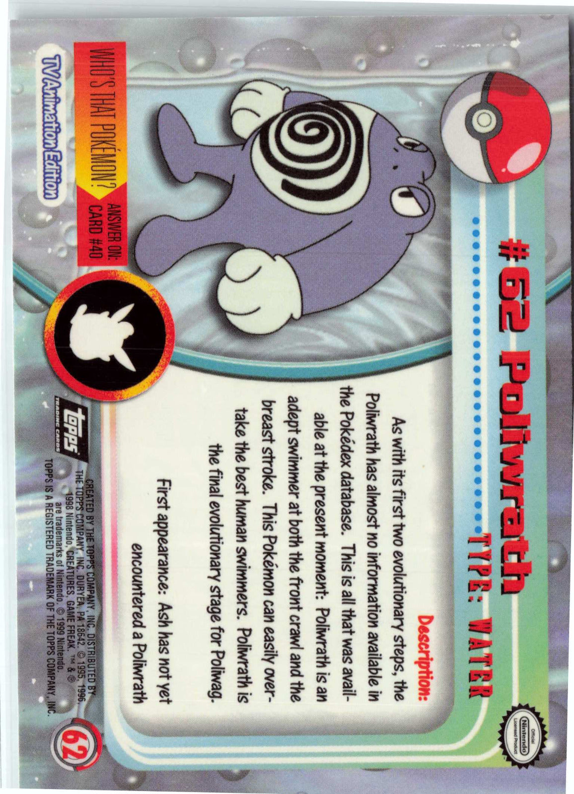 Poliwrath 62 - Black Topps Logo HP Pokemon Topps TV Animation Edition Series 1 (Back)