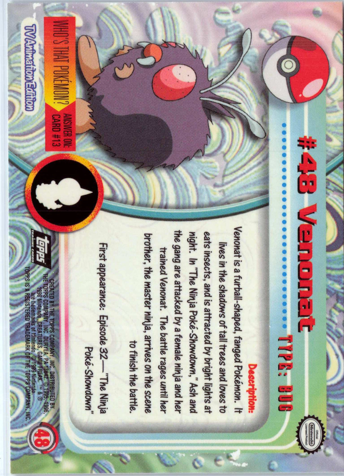 Venonat #48 - Black Topps Logo Pokemon Topps TV Animation Edition Series 1 (Back)