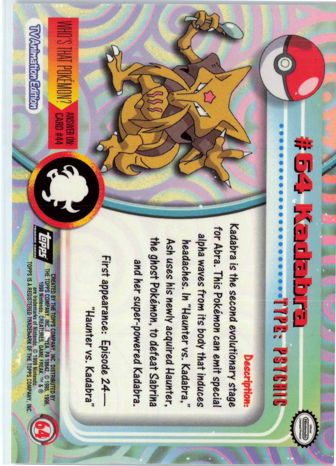 Kadabra 64 - Black Topps Logo HP Pokemon Topps TV Animation Edition Series 1 (Back)