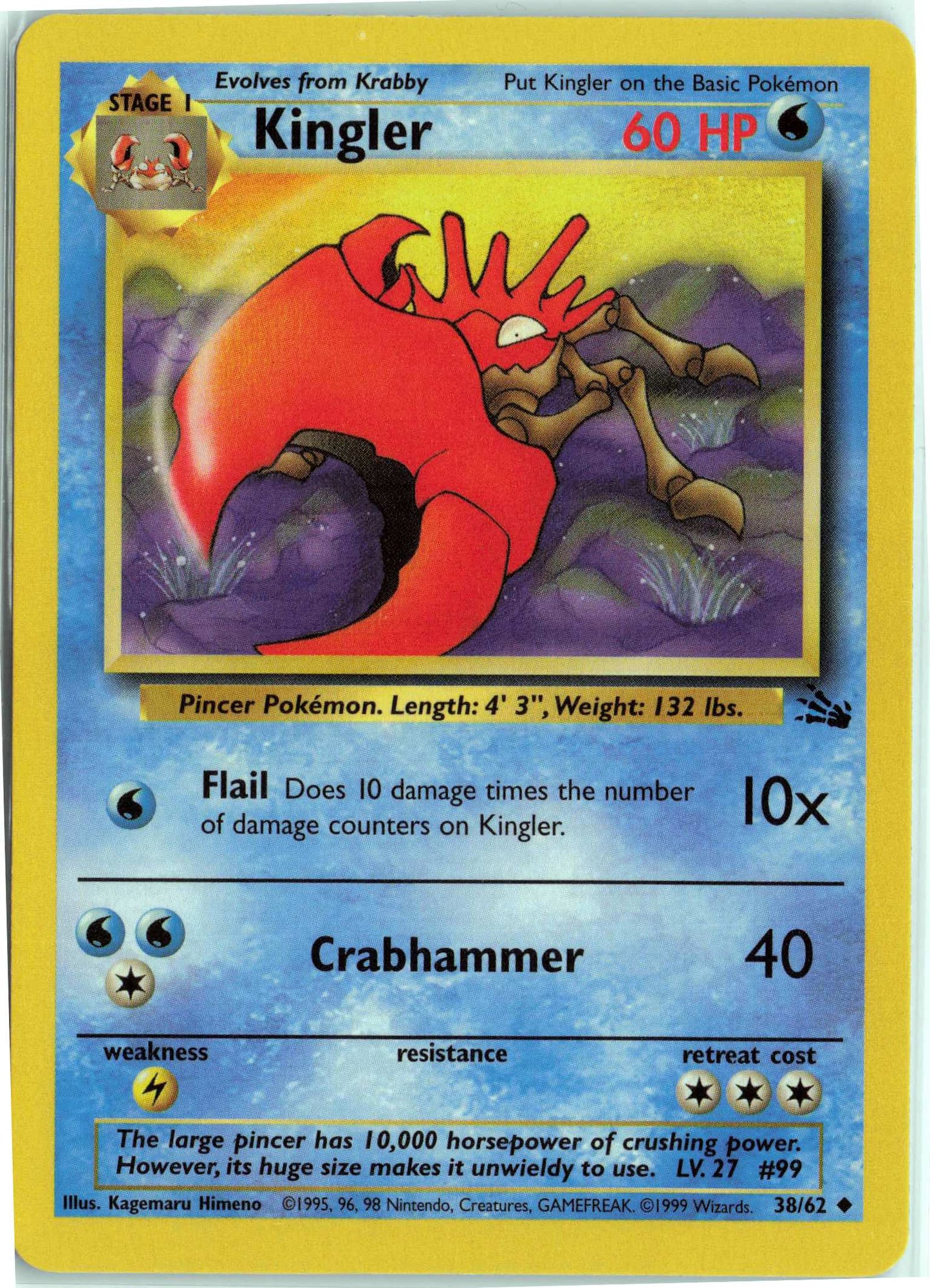 Kingler 38/62, HP Condition, Pokemon Fossil