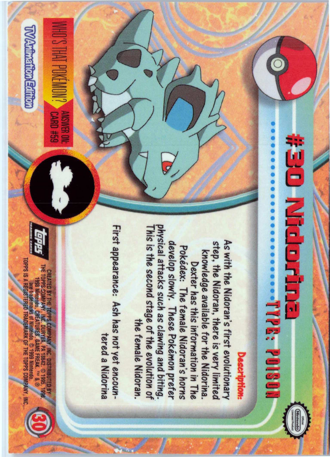 Nidorina 30 - Black Topps Logo HP Pokemon Topps TV Animation Edition Series 1 (Back)