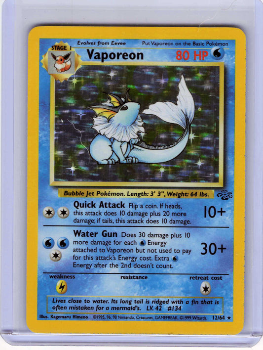 Vaporeon 12 12/64 Unlimited Holo MP Pokemon Jungle