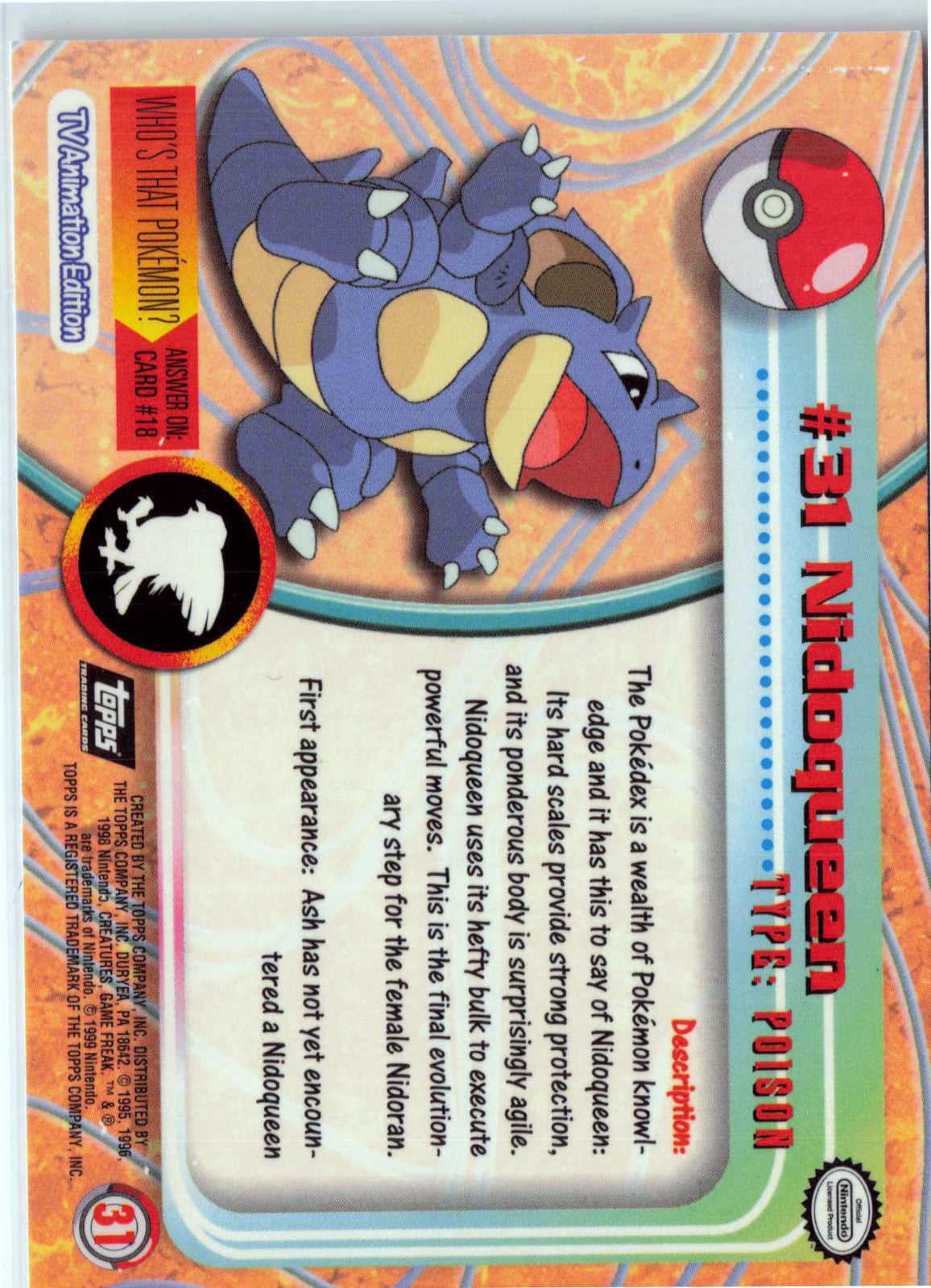Nidoqueen 31 - Black Topps Logo HP Pokemon Topps TV Animation Edition Series 1 (Back)