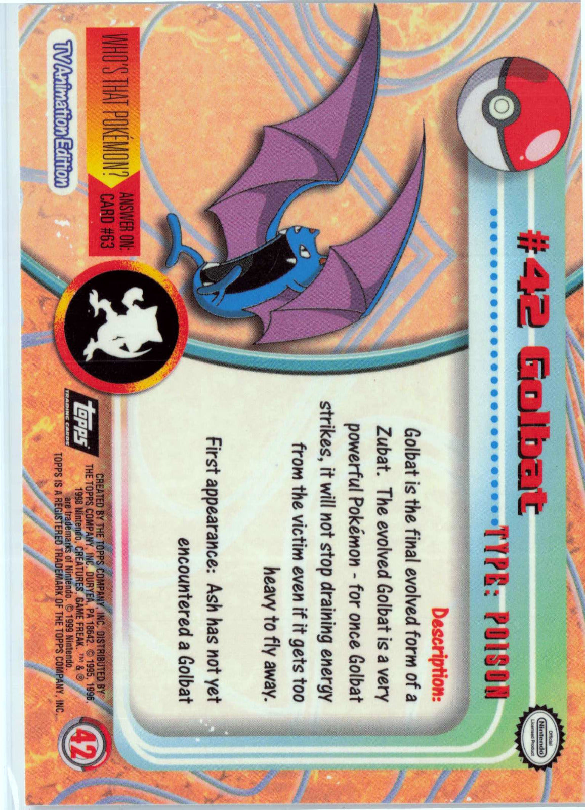 Golbat 42 - Black Topps Logo HP Pokemon Topps TV Animation Edition Series 1 (Back)