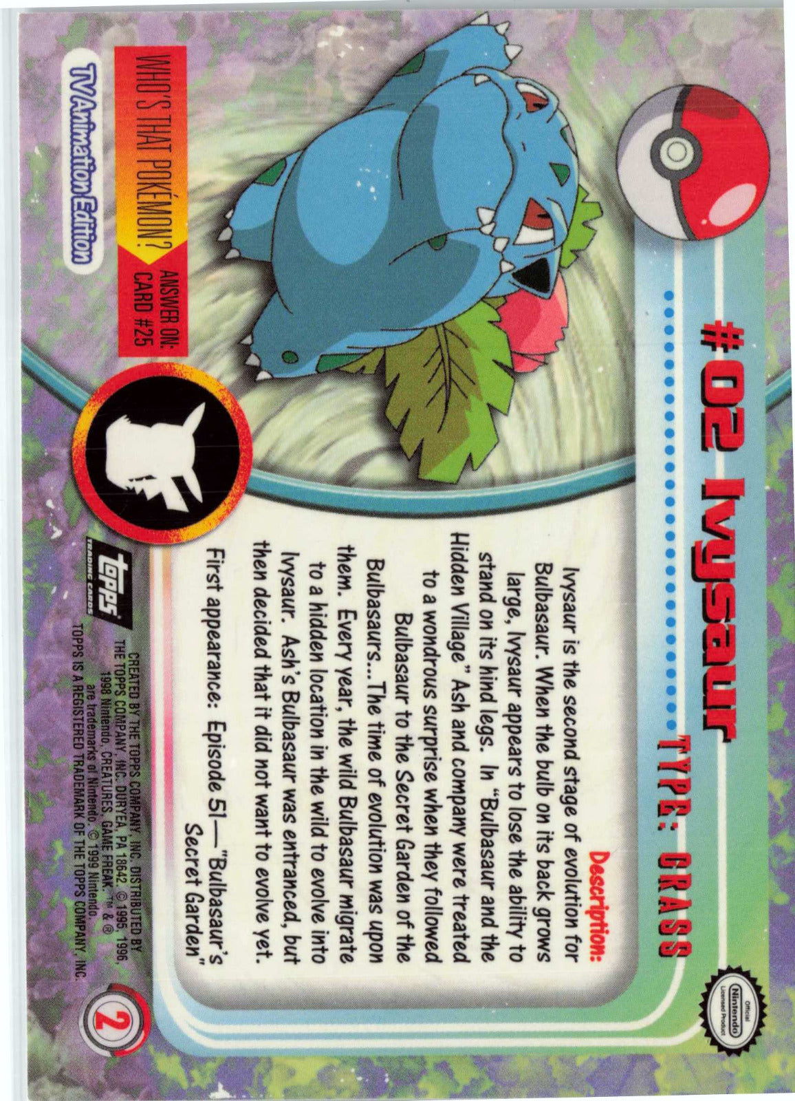 Ivysaur 2 - Black Topps Logo HP Pokemon Topps TV Animation Edition Series 1 (Back)