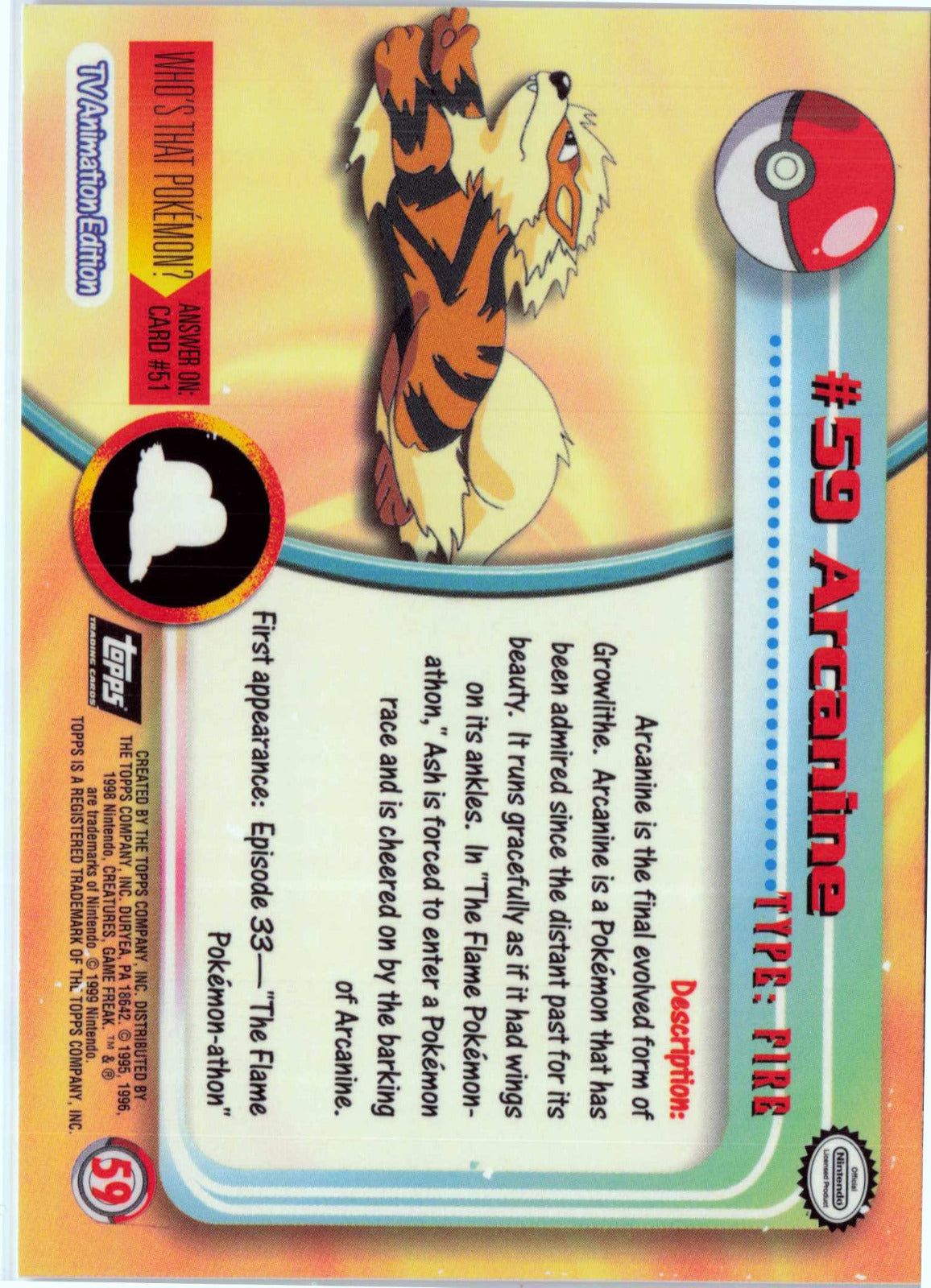 Arcanine 59 - Black Topps Logo HP Pokemon Topps TV Animation Edition Series 1 (Back)
