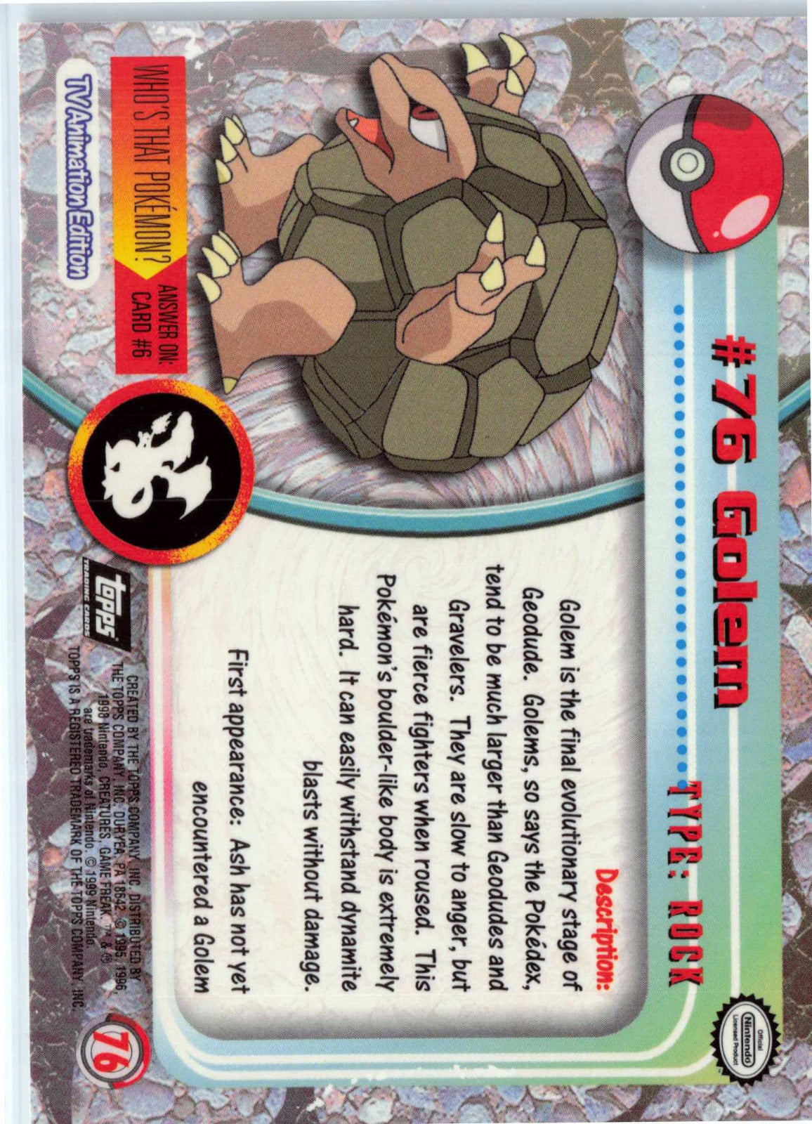 Golem 76 - Black Topps Logo HP Pokemon Topps TV Animation Edition Series 1 (Back)