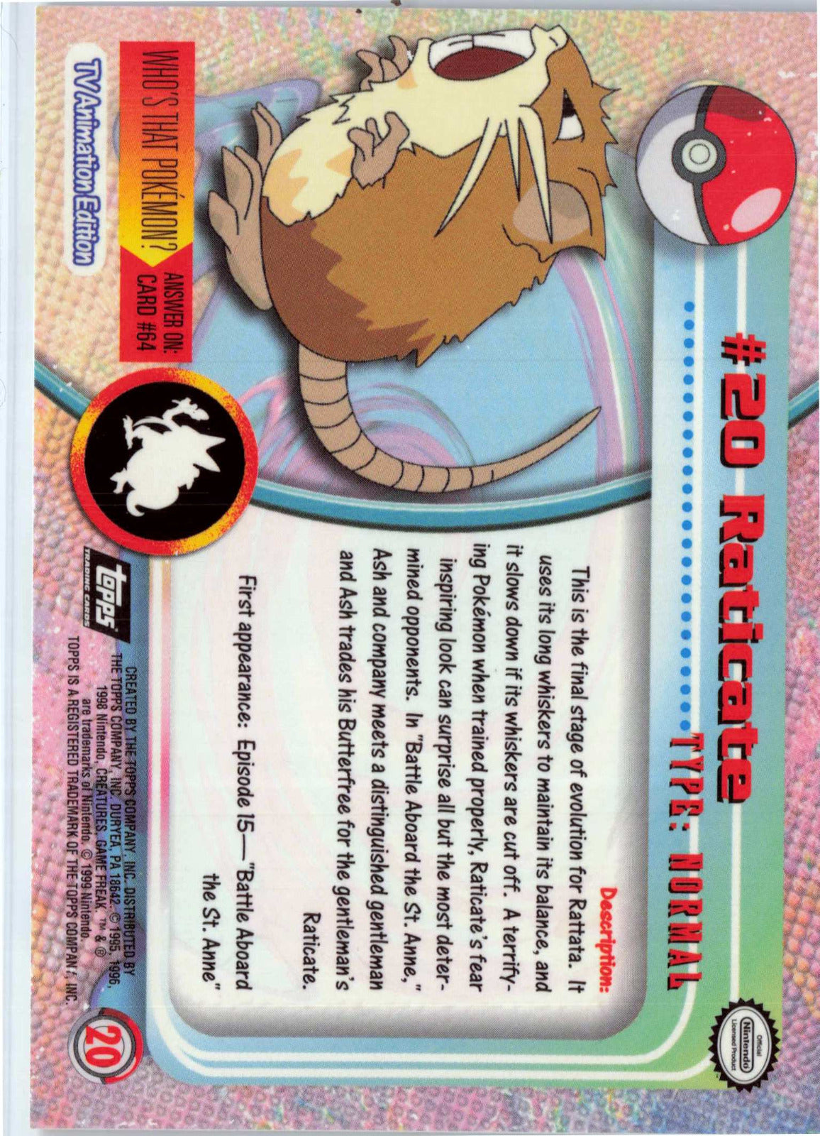 Raticate 20 - Black Topps Logo HP Pokemon Topps TV Animation Edition Series 1 (Back)