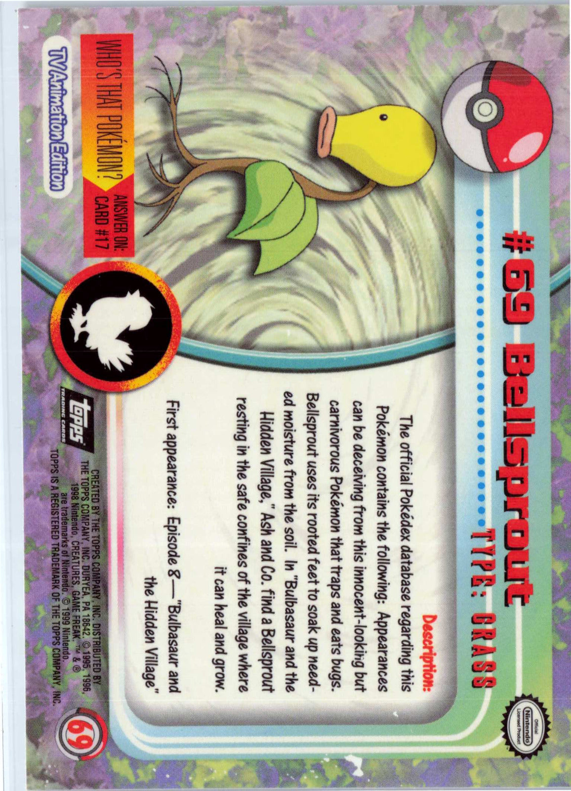 Bellsprout 69 - Black Topps Logo HP Pokemon Topps TV Animation Edition Series 1 (Back)