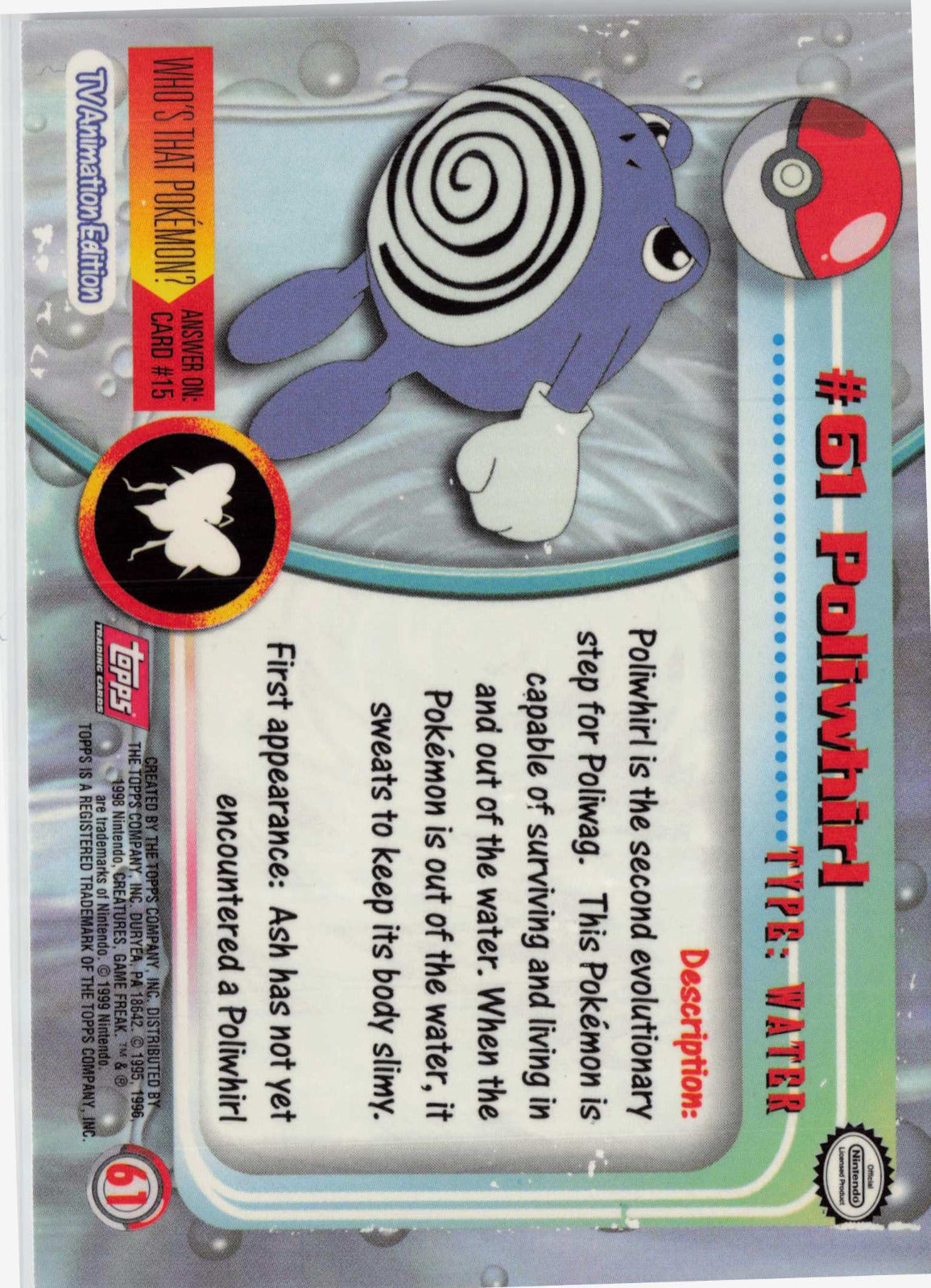 Poliwhirl 61 - Red Topps Logo HP Pokemon Topps TV Animation Edition Series 1 (Back)