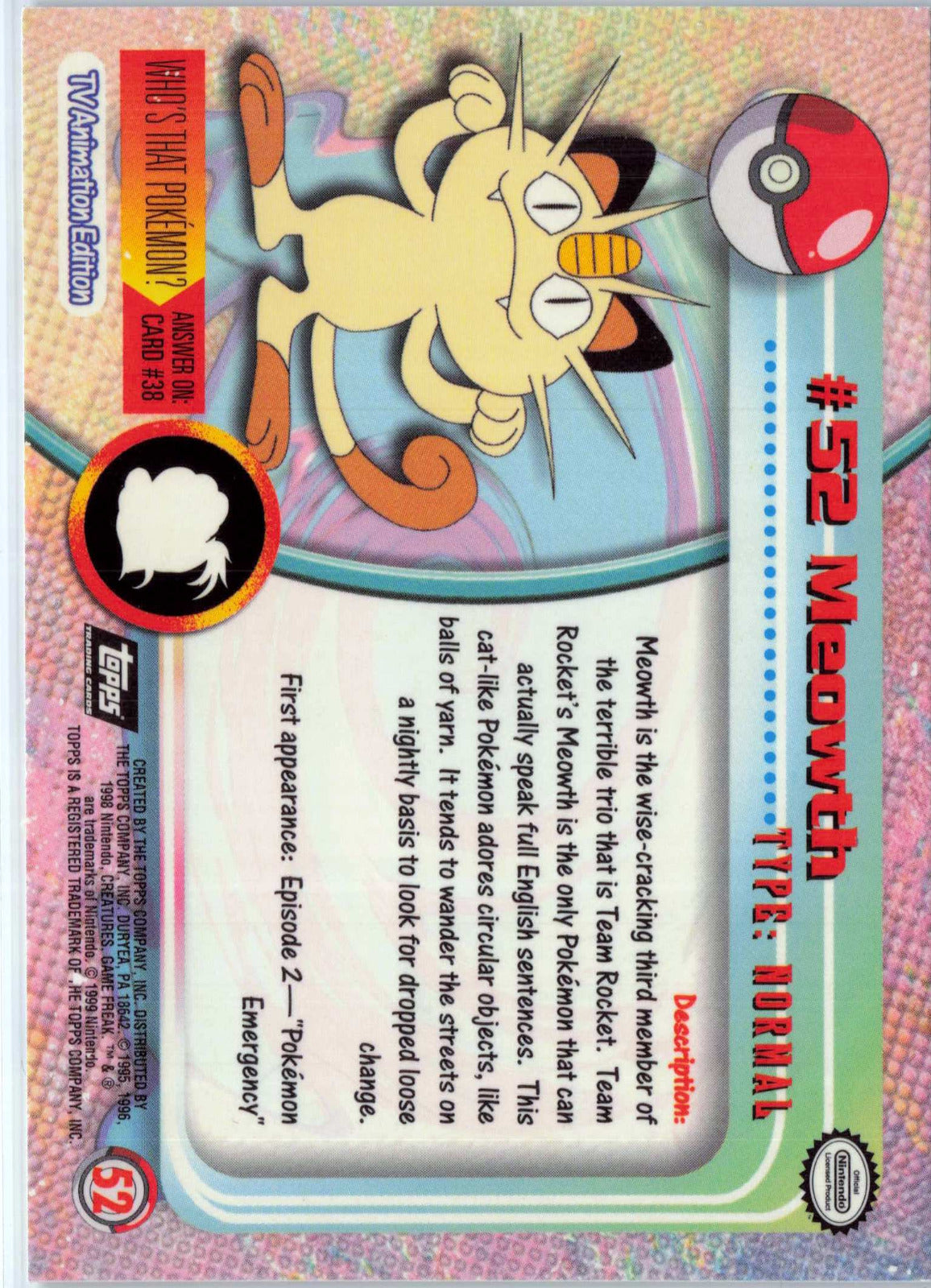 Meowth #52 - Black Topps Logo Pokemon Topps TV Animation Edition Series 1 (Back)