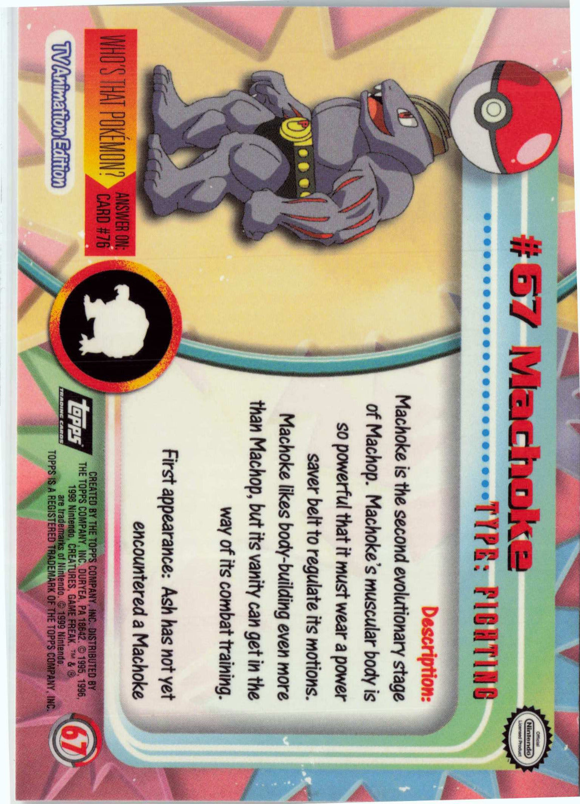 Machoke 67 - Black Topps Logo HP Pokemon Topps TV Animation Edition Series 1 (Back)