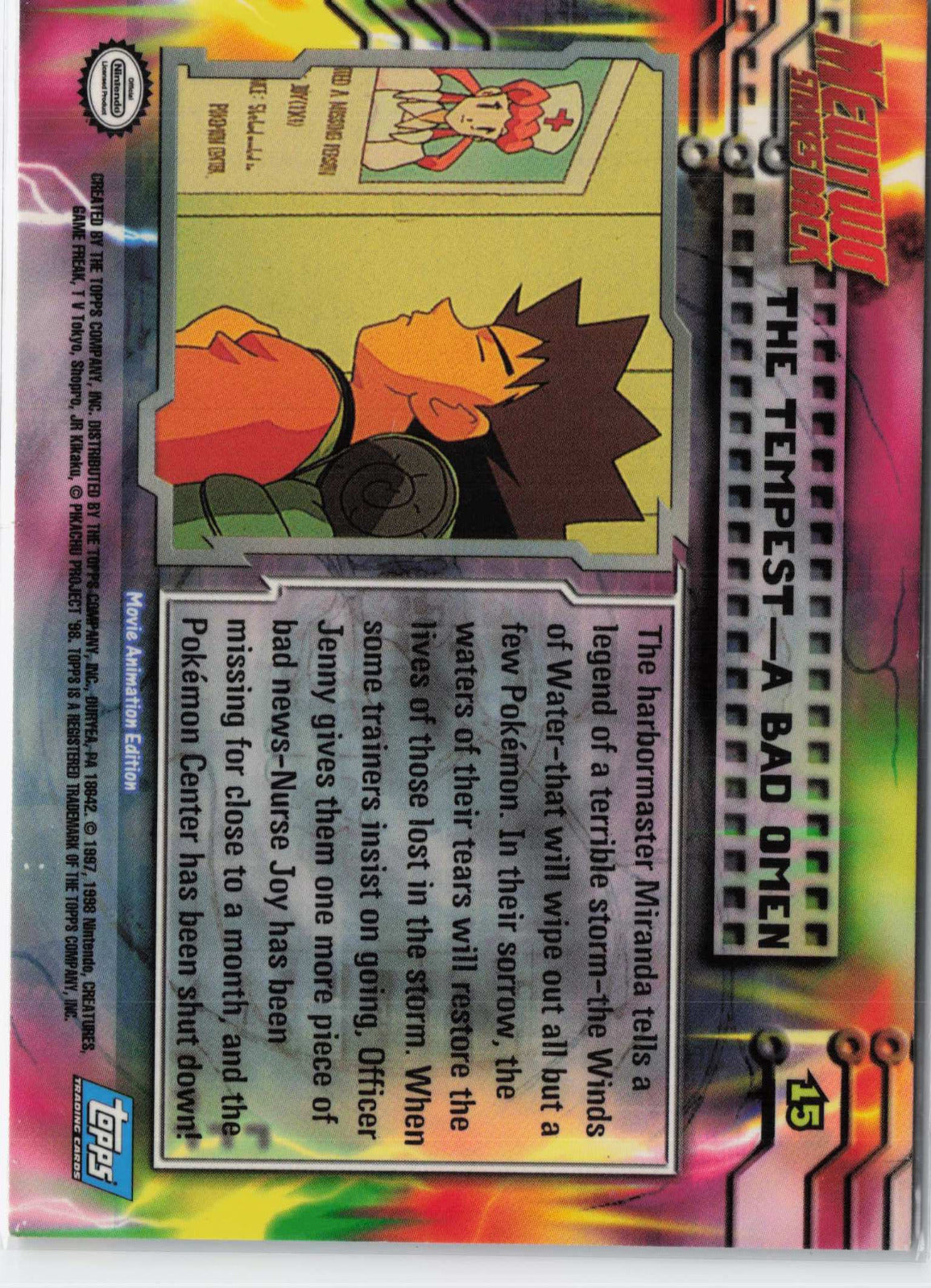 The Tempest - A Bad Omen #15 Blue Topps Logo Pokemon Topps MewTwo Strikes Back (Back)