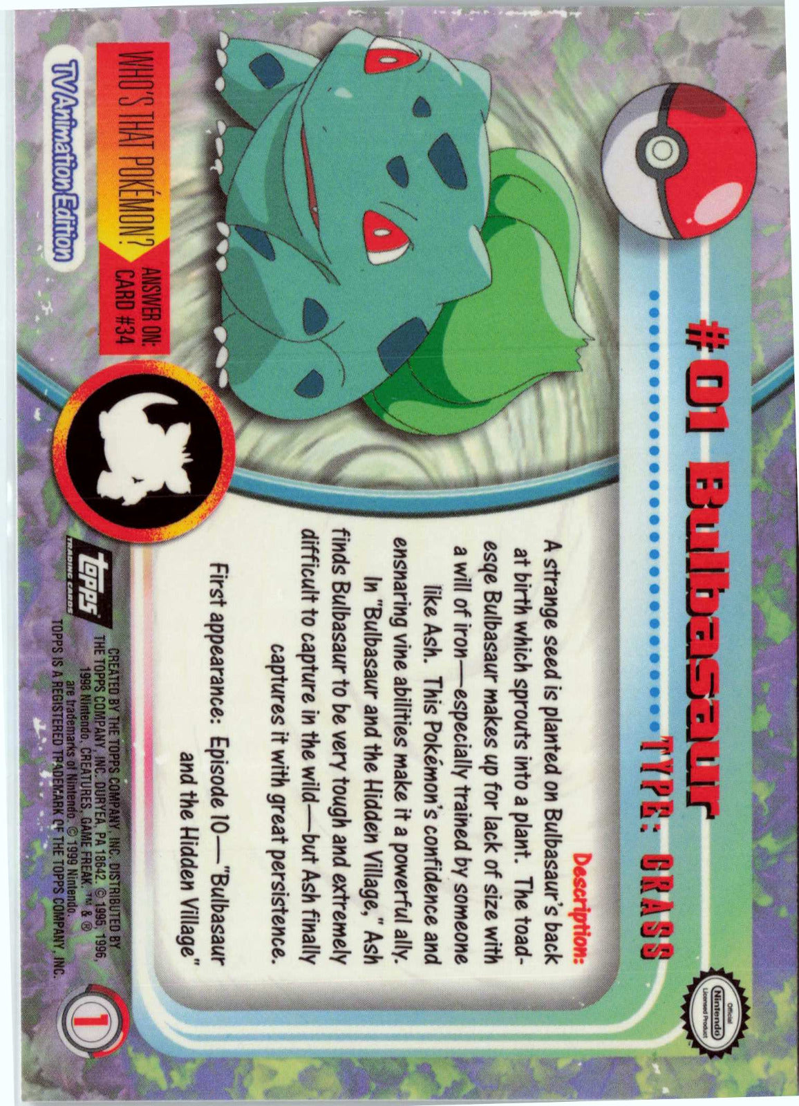 Bulbasaur 1 - Black Topps Logo HP Pokemon Topps TV Animation Edition Series 1 (Back)