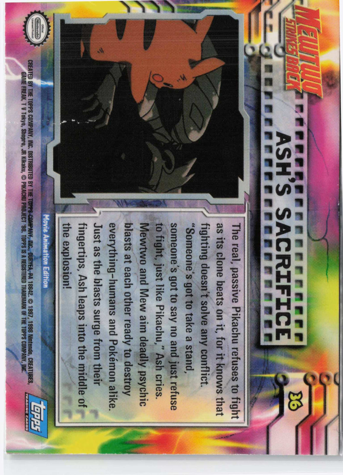 Ash's Sacrifice #36 Blue Topps Logo Pokemon Topps MewTwo Strikes Back (Back)