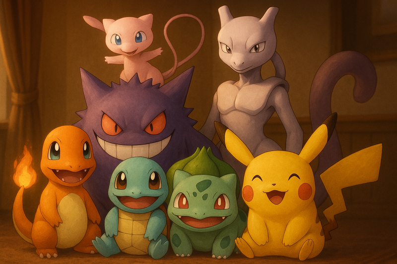 Take the four starter pokemon; charmander, squirtle, bulbasaur, and pikachu, and also add, gengar, mewtwo, and mew into a family photo